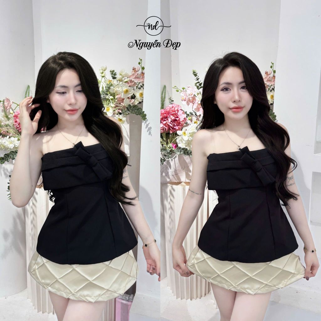 Set Áo Cúp Ngực Nơ Trước Kết Hợp Chân Váy Tacta Ngắn Dập Ô (R18)