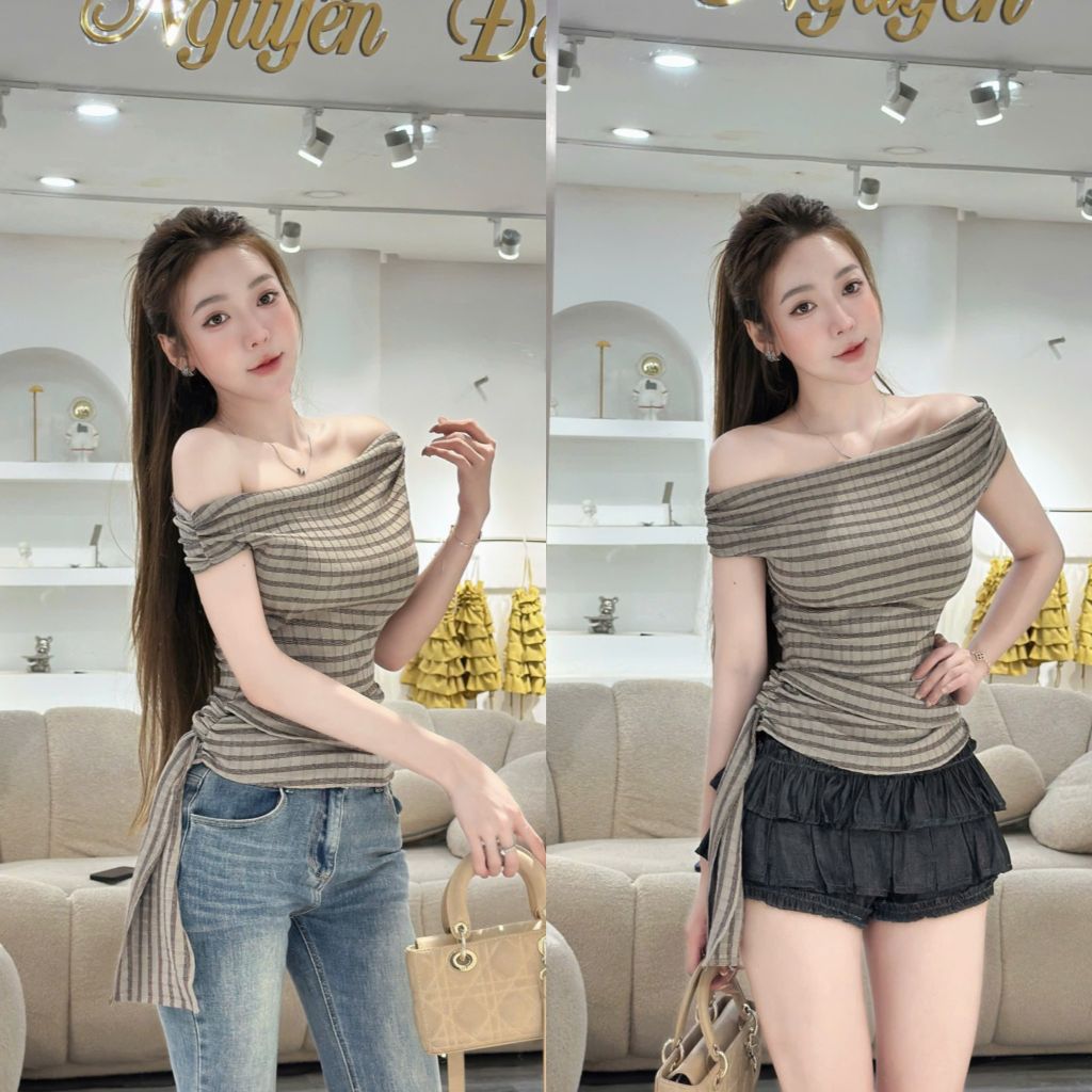 Áo thun sọc bẹt vai phối tà dài (R30)