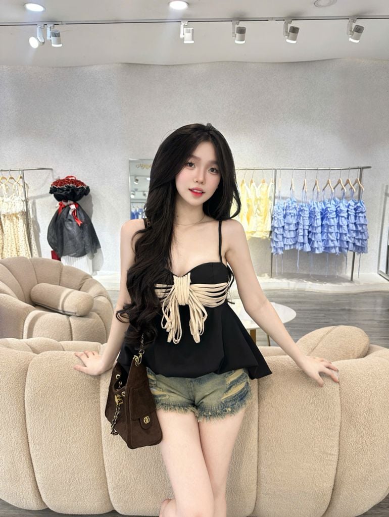 Áo hai dây cúp ngực phối dây nơ (R45)