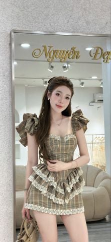 Set áo tay bồng xếp tầng tiểu thư phối ren và chân váy (R47)