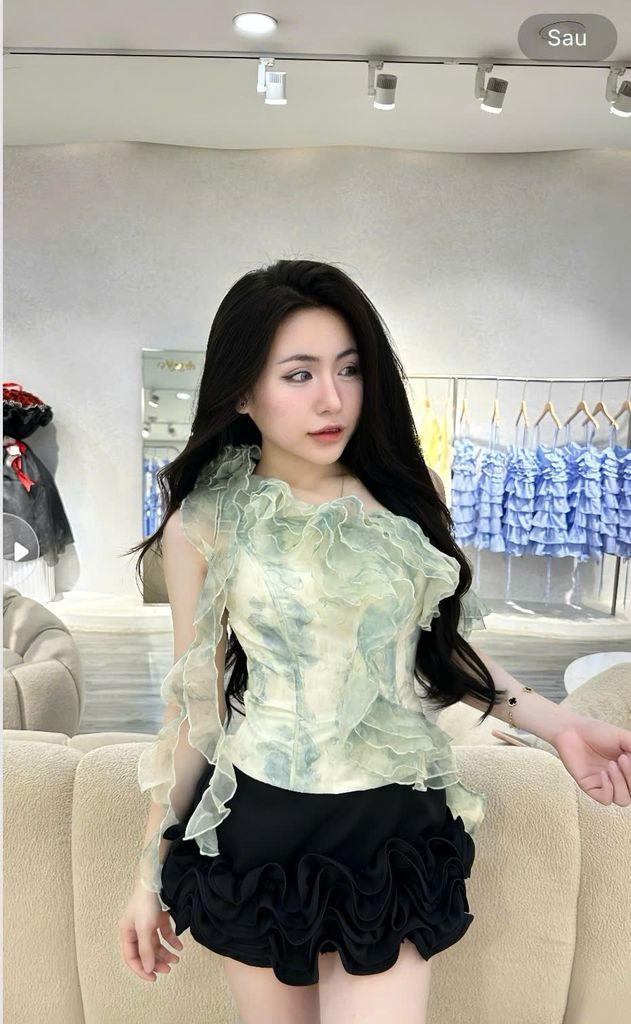 Áo Lệch Vai Bèo Nhún Hoa Loang Xanh (R55)