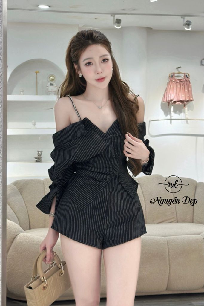 Áo hai dây đính đá rớt vai kiểu sơ mi tay lửng (R62)