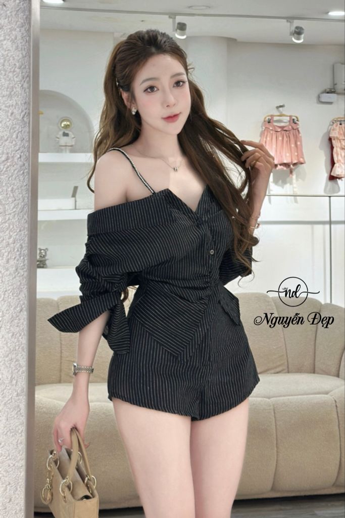 Áo hai dây đính đá rớt vai kiểu sơ mi tay lửng (R62)