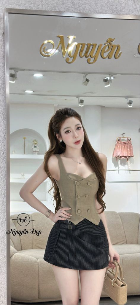 Set áo hai dây phối chân váy cách điệu xếp ly chéo (S02)