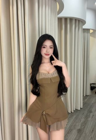 Đầm hai dây nơ lệch tiểu thư phối xếp ly (S05)