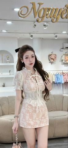 Set áo cổ V nút ngọc phối chân váy (S24)