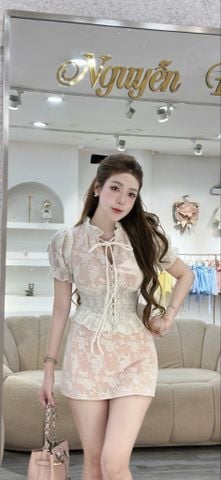 Set áo cổ V nút ngọc phối chân váy (S24)