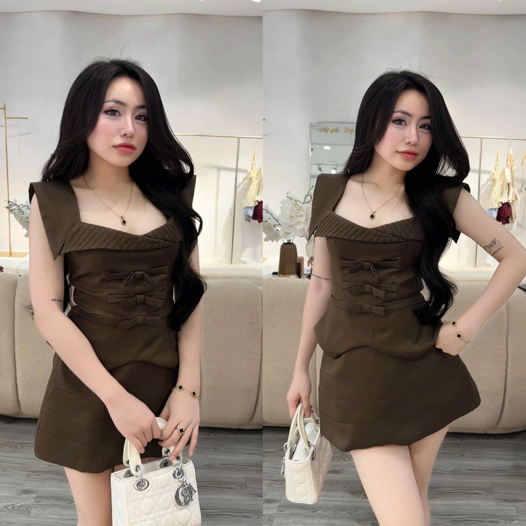Set áo cổ vuông phối nơ và chân váy form A (S36)