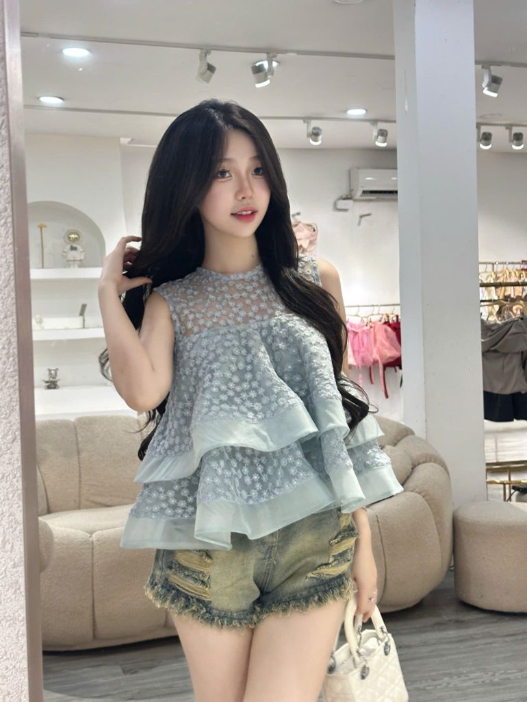 Áo babydoll hoa cúc phối 2 tầng bèo (S43)