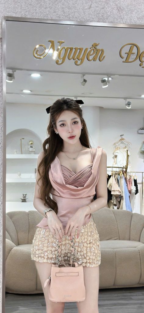 Set áo cổ đổ phối chân váy hoa lấp lánh (S52)