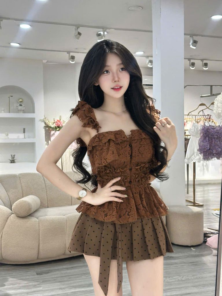Áo ren bèo phối chân váy nơ chấm bi (S57)