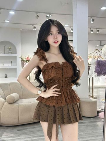 Áo ren bèo phối chân váy nơ chấm bi (S57)