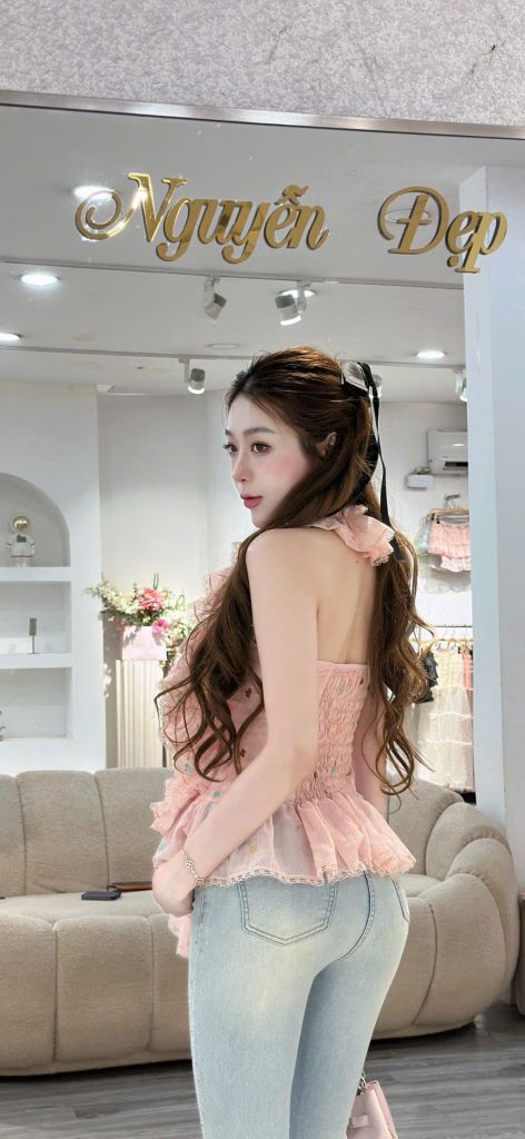 Áo voan bèo tầng phối ren cổ yếm kèm chân váy (S61)