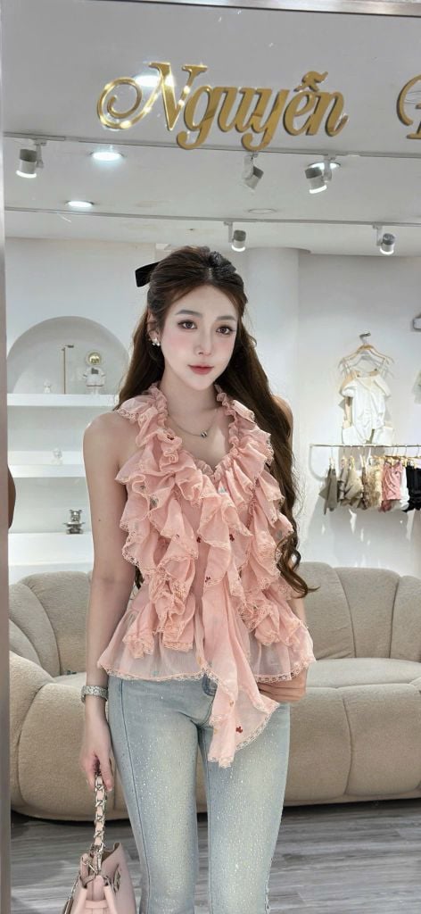 Áo voan bèo tầng phối ren cổ yếm kèm chân váy (S61)