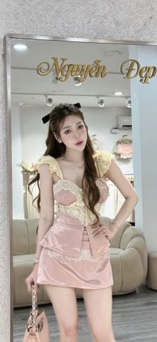 Set áo ren nút ngọc phối chân váy lụa tầng (S66)