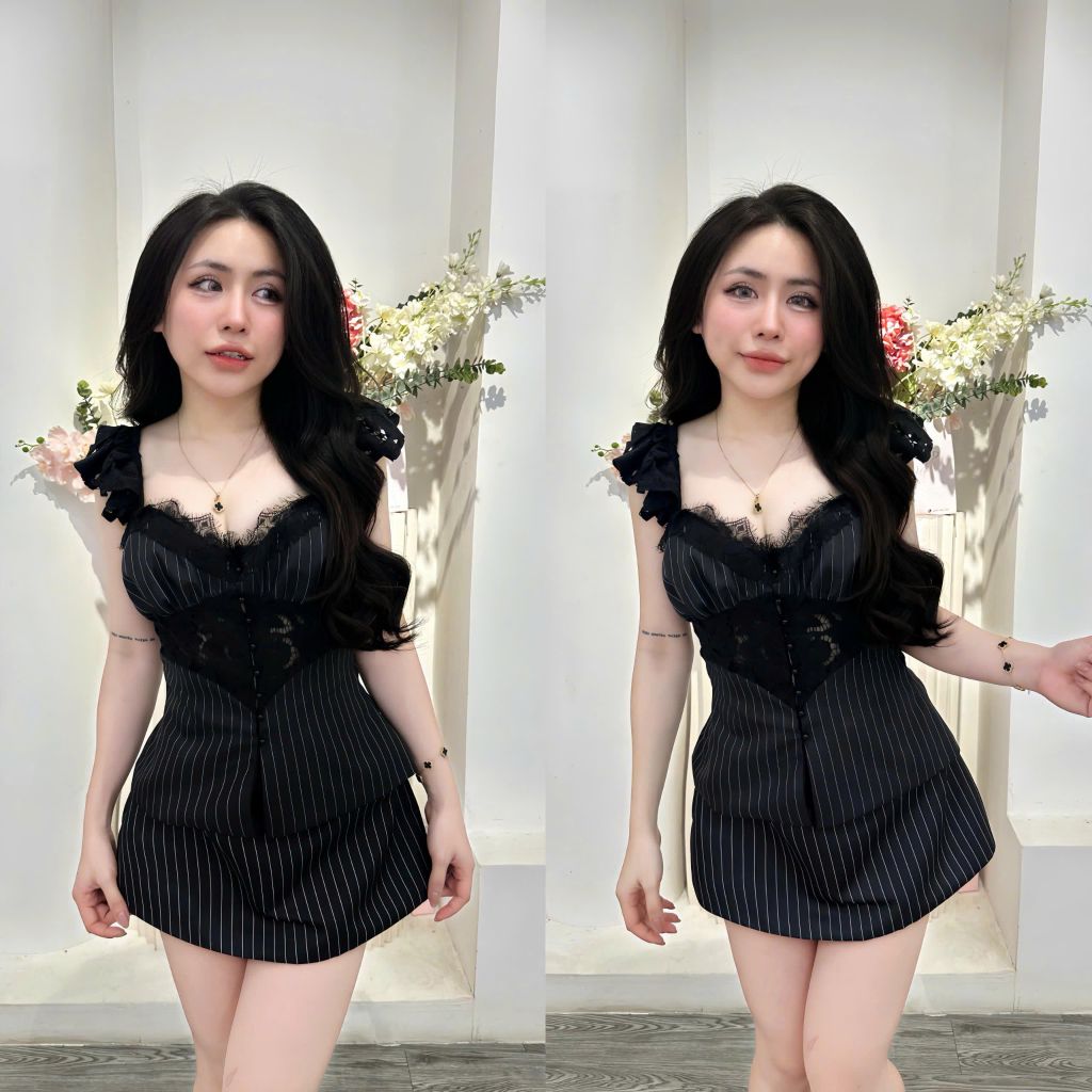 Set áo ren nút ngọc phối chân váy lụa tầng (S66)