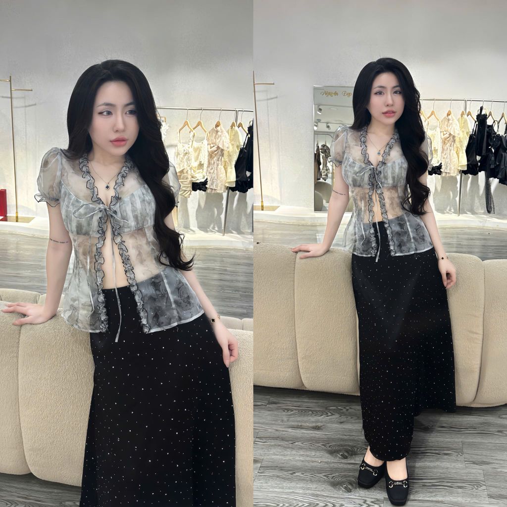 Áo loang xám cổ V bèo nơ và chân váy dài chấm bi đính đá  (T04)