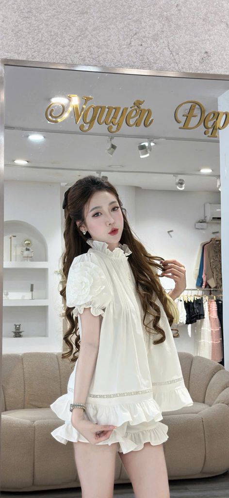 Set áo babydoll nhún voan phối quần (T51)