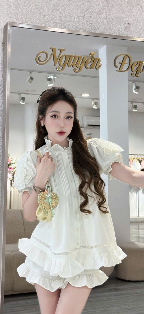 Set áo babydoll nhún voan phối quần (T51)