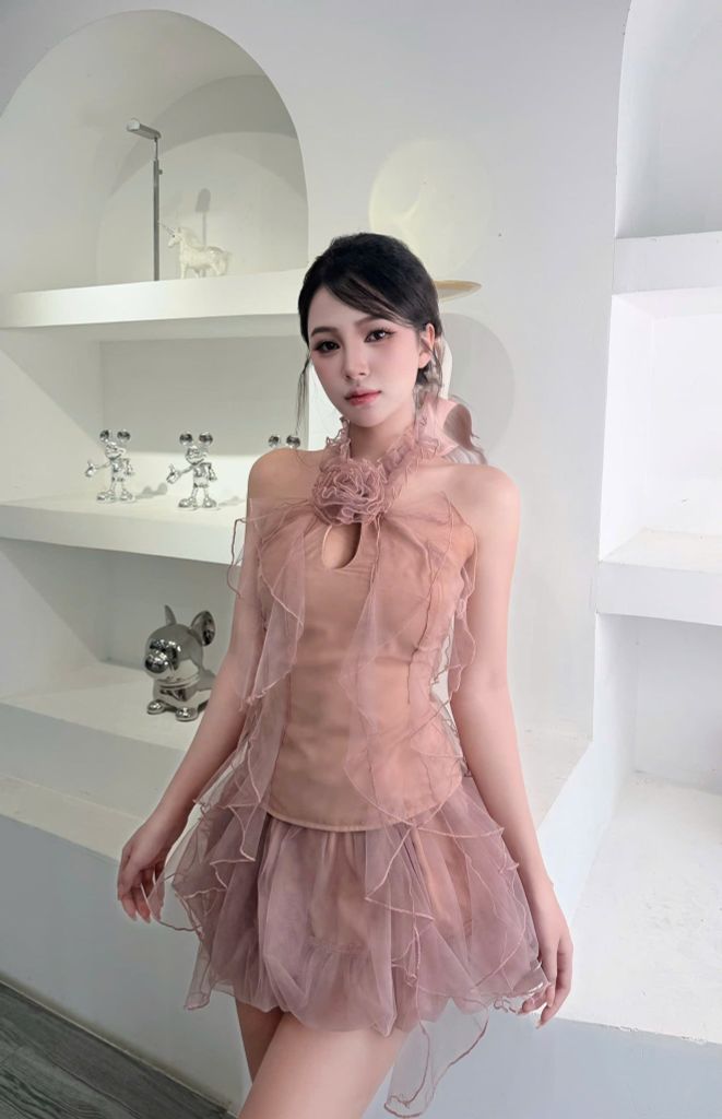 Set áo yếm voan cổ hoa dáng ôm chân váy xòe tầng (T52)