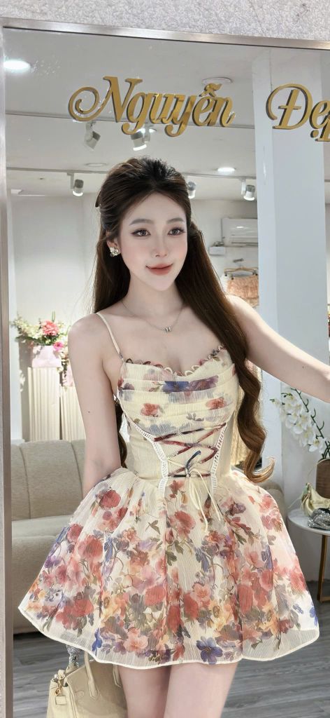 Đầm hai dây hoa chiếc eo xòe nhẹ (U16)