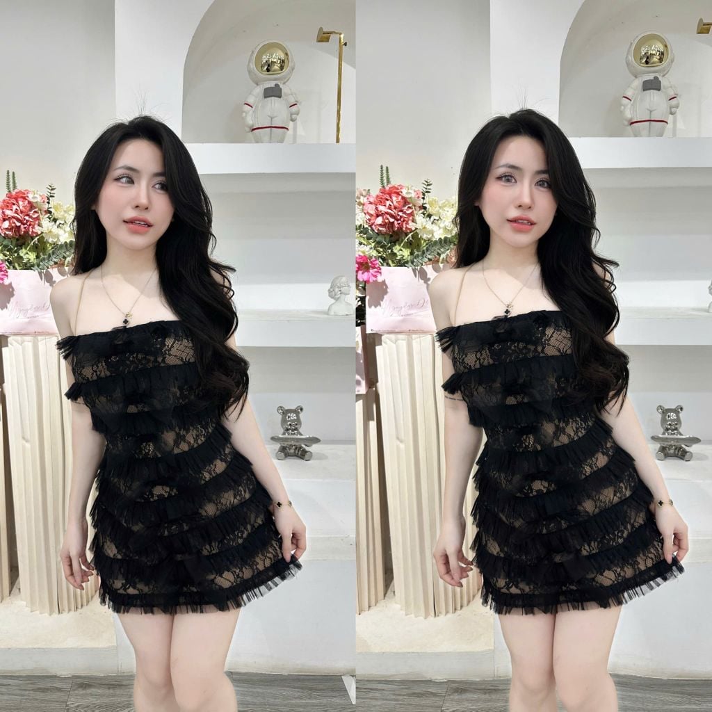 Đầm hai dây dáng ngắn phối bèo tầng (U42)