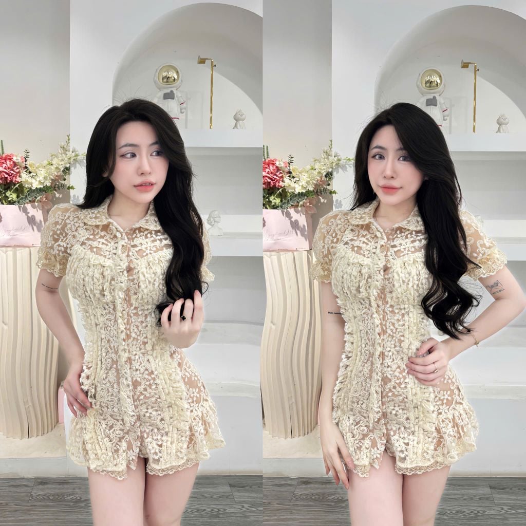 Đầm tay phồng cổ sơ mi phối ren (U44)