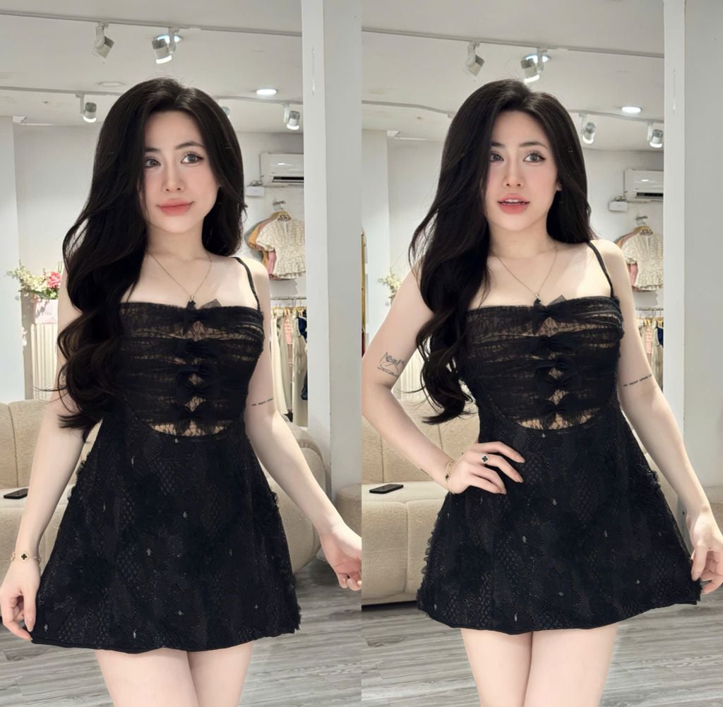 Đầm 2 Dây Ren Hoa Cúp Ngực Phối Nơ (U59)