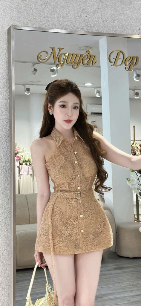 Jum Giả Đầm Ren Cổ Yếm Chiết Eo Dáng Xòe (U63)