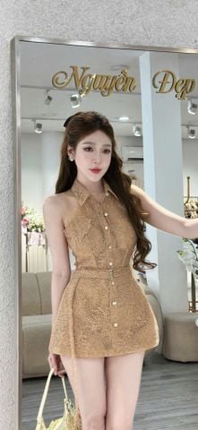 Jum Giả Đầm Ren Cổ Yếm Chiết Eo Dáng Xòe (U63)