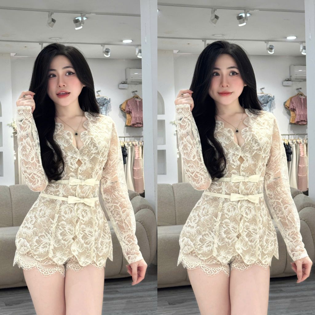 Set Ngắn Áo Ren Hoa Tay Dài Phối Nơ (U68)