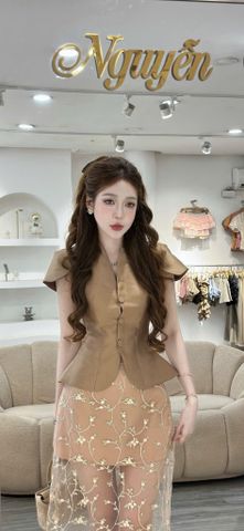 Set Áo Tay Loe Phối Chân Váy Lưới Thêu Hoa (V24)