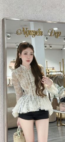 Áo Ren Hoa Dài Tay Dáng Xòe Eo Phối Quần Short (V32)