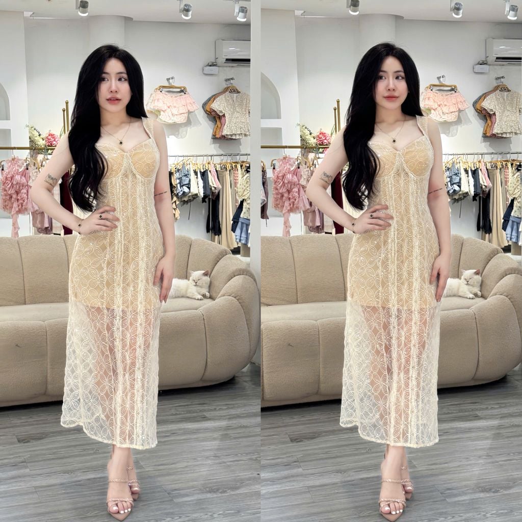 ĐẦM 2 DÂY BẢN TO PHỐI LƯỚI THÊU HOẠ TIẾT (V52)