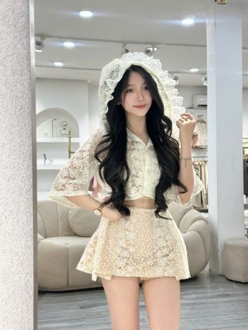 Set Áo Phối Chân Váy Lưới Thêu Ren Nổi (V63)