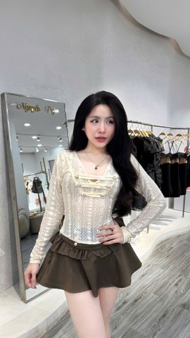 Áo Cổ V Ren Thun Và Chân Váy Xược (X02)