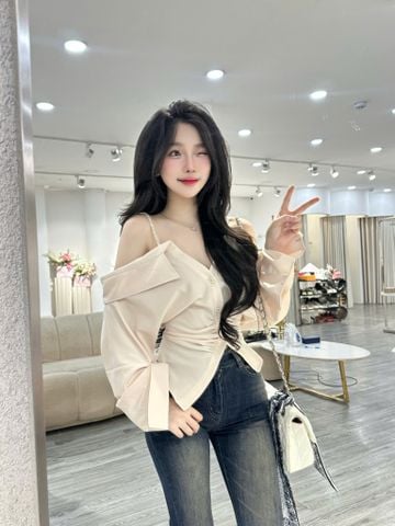 Áo hai dây đính đá rớt vai kiểu sơ mi tay lửng (R62)