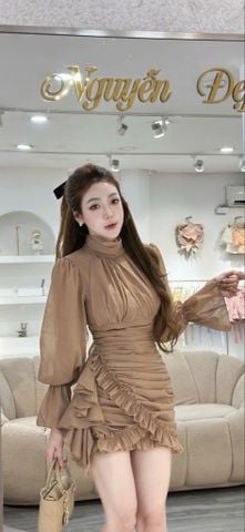 Đầm body voan tay dài phối bèo tầng (R60)