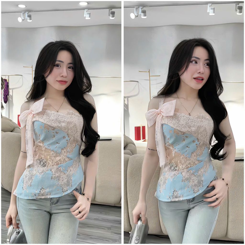 Áo lệch vai thắt nơ phối ren hồng (S25)