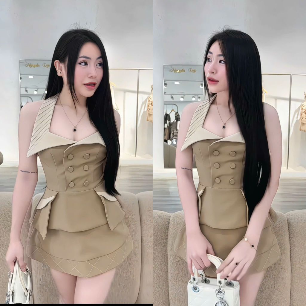 Set áo cổ yếm phối nút ngọc và chân váy from A (S34)