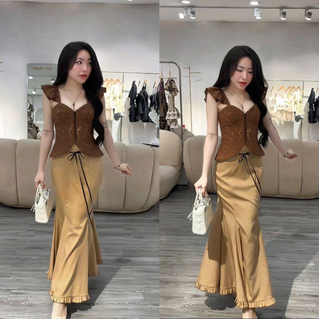 Set áo ren nút ngọc phối chân váy dài (S48)