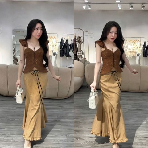 Set áo ren nút ngọc phối chân váy dài (S48)