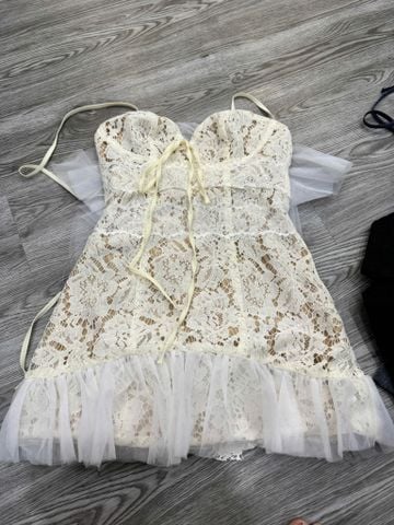 Đầm hai dây phối ren lưới kèm nơ nhỏ (S54)