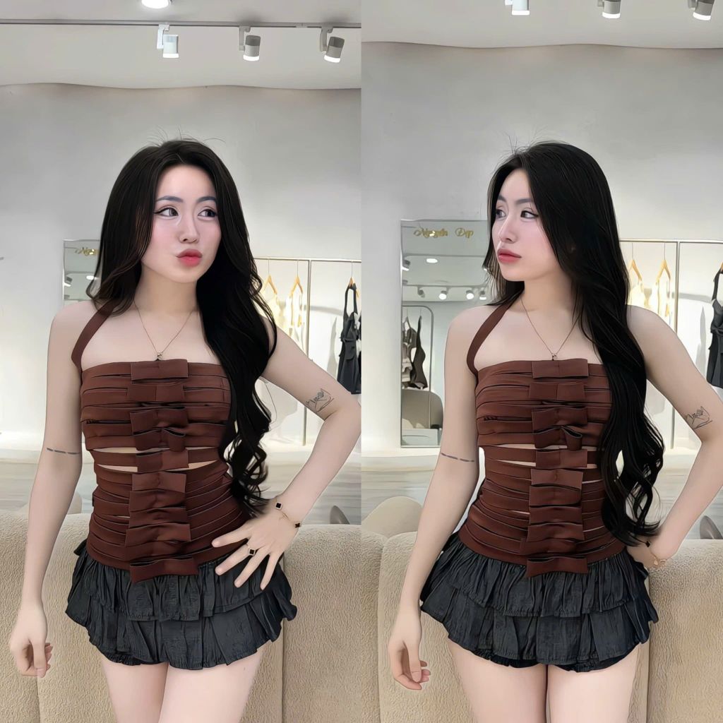 Áo dây yếm nơ tầng lớp dáng ôm body (S51)