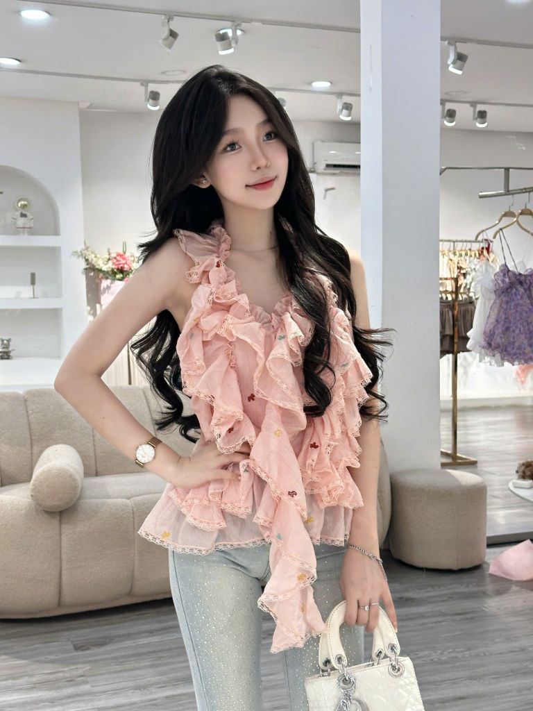 Áo voan bèo tầng phối ren cổ yếm kèm chân váy (S61)