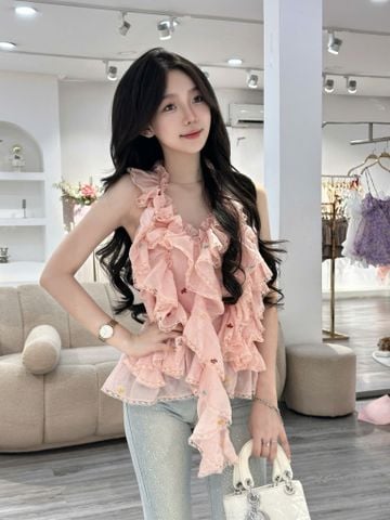 Áo voan bèo tầng phối ren cổ yếm kèm chân váy (S61)