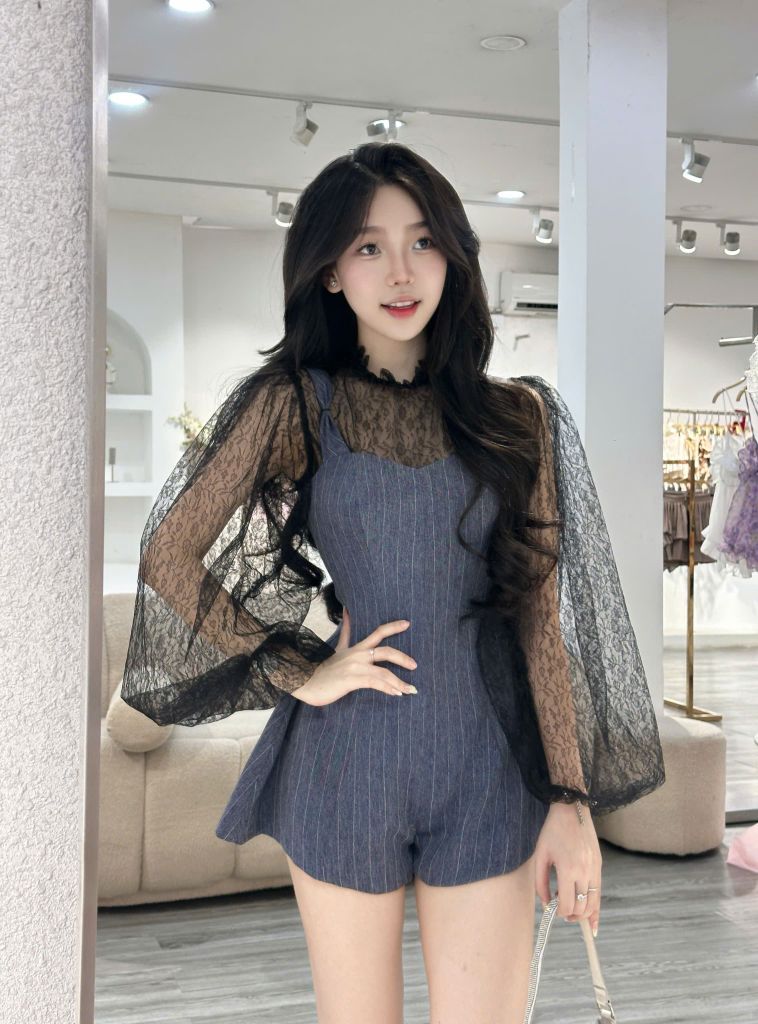 Jum dáng hai dây sọc dáng xoè nhẹ phối áo ren lưới hoa (S64)