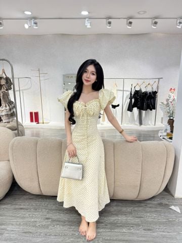 Đầm dài hoạ tiết chấm bi tay bồng phối nơ (S63)