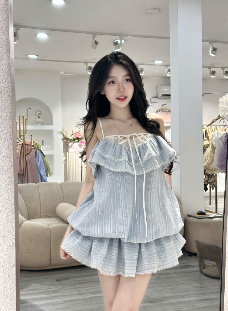 Đầm hai thắt nơ dáng bí phối ren kèm quần (T15)
