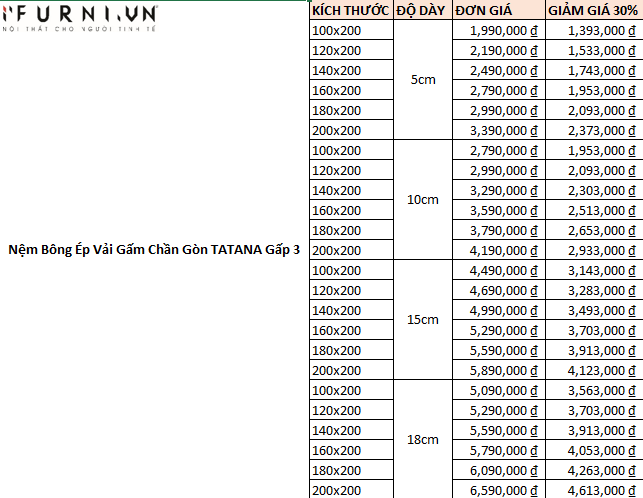 Nệm Bông Ép Vải Gấm Chần Gòn Tatana Gấp 3